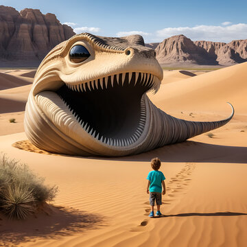Child encounters a gigantic smiling sandworm in a desert landscape