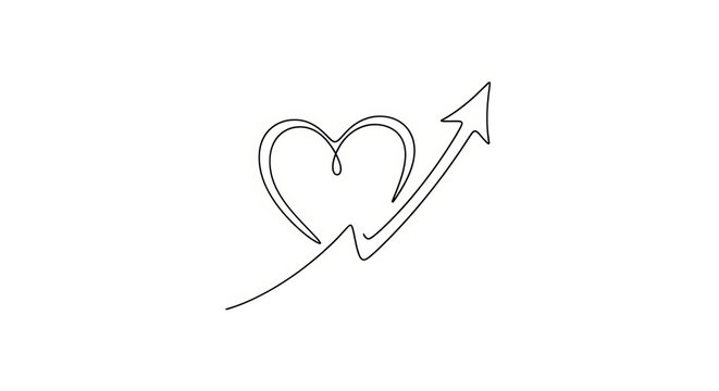 Heart shape with upward arrow graph, continuous line art, growth and love concept