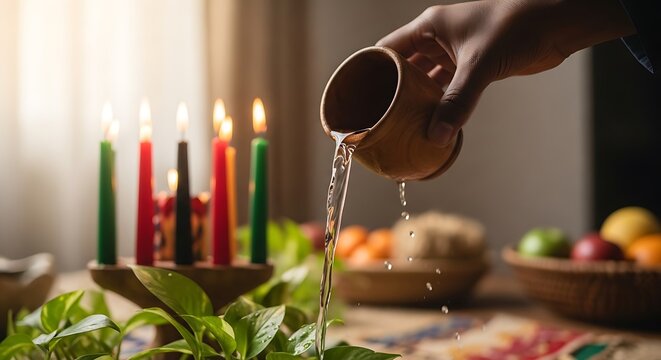 Kwanzaa Celebration with Kinara and Pouring Water Ritual.