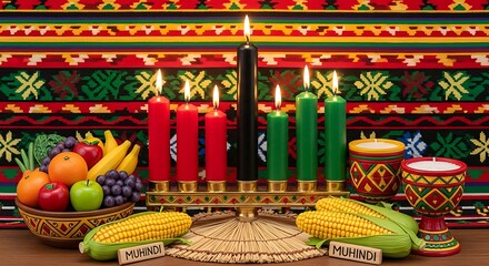 Naklejka premium Kwanzaa Celebration with Kinara and Traditional Symbols.
