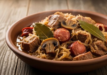 Fototapeta premium A hearty dish of meat and vegetable pasta with bay leaves garnish in a rustic bowl.