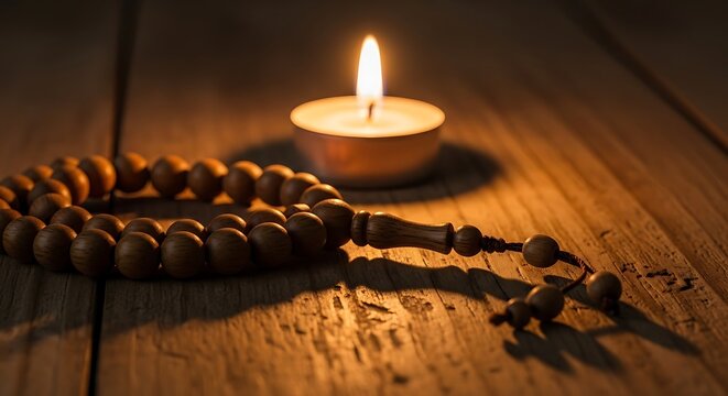 Islamic Prayer Beads and Candle Light on Wooden Surface.