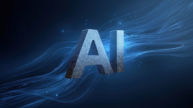 Blue digital binary code forming the letters "AI" floating with swirling lines on a dark background, an elegant logo for artificial intelligence technology concept.