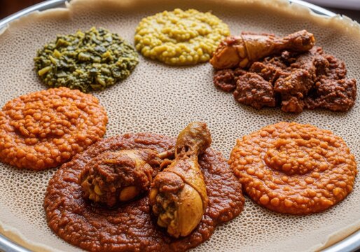 Traditional ethiopian injera with various spiced stews and side dishes