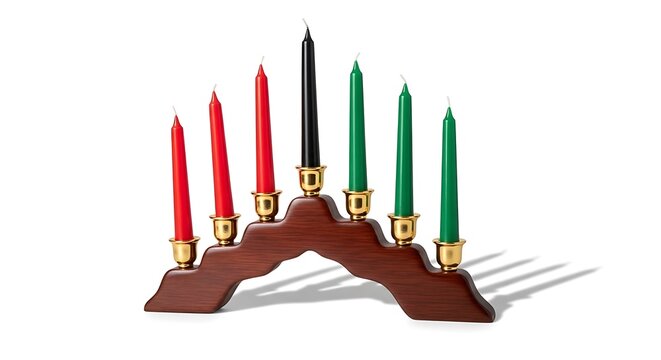 Kwanzaa Kinara with Red, Black, and Green Candles on White Background.