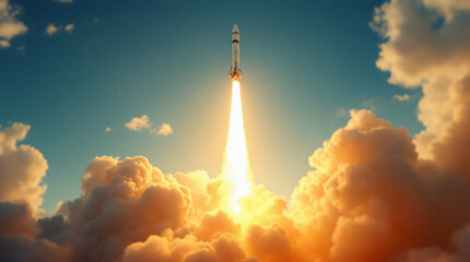 A powerful rocket launching into a blue sky, leaving a bright orange and yellow exhaust plume and smoke clouds.