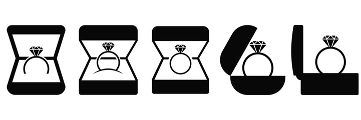 Diamond Engagement Ring in Open Jewelry Box Icon Set Vector &ndash; Proposal Symbol in Outline, Line Art and Silhouette 
Styles for Wedding and Romantic Celebration Design