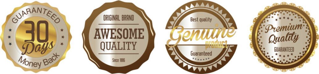 Four gold and brown quality seals on a white background