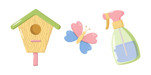 Illustration of wooden birdhouse with green roof and pink perch, colorful butterfly with pink and blue wings, and spray bottle with pink nozzle, cheerful nature-themed design for gardening projects