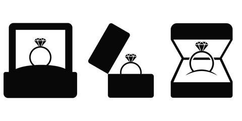 Diamond Engagement Ring in Open Jewelry Box Icon Set Vector &ndash; Proposal Symbol in Outline, Line Art and Silhouette 
Styles for Wedding and Romantic Celebration Design