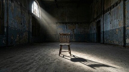Abandoned wooden chair in forgotten industrial space with dramatic sunlight