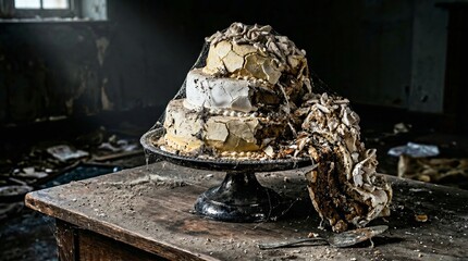 Abandoned wedding cake with decay and dust in forgotten room vintage melancholy