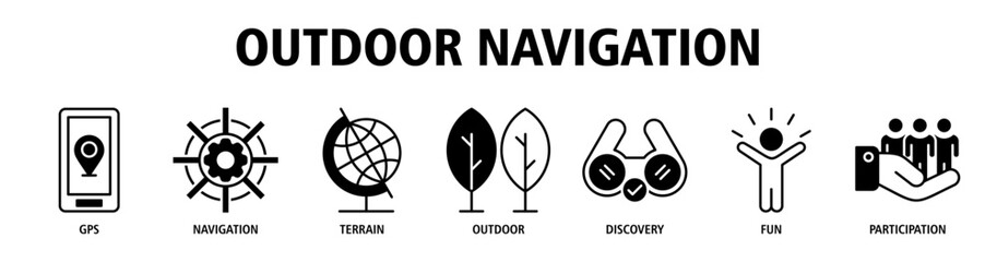 Obraz premium Outdoor Navigation web banner icon vector illustration concept with icons of GPS, navigation, terrain, outdoor activity, discovery, fun experience, participation.