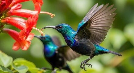 Fototapeta premium A male iridescent hummingbird hovers in mid-air, actively feeding on the nectar of a vibrant red trumpet honeysuckle flower. A second hummingbird, darker in color, is visible in the background.