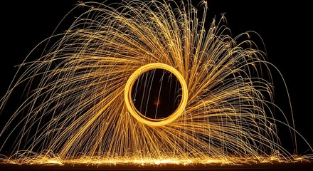Circular light trails emanating from a central point, against a stark black background