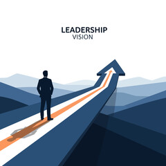 Obraz premium A man stands on a pathway leading to a large arrow, symbolizing leadership and vision, in a mountainous landscape viewed from behind.