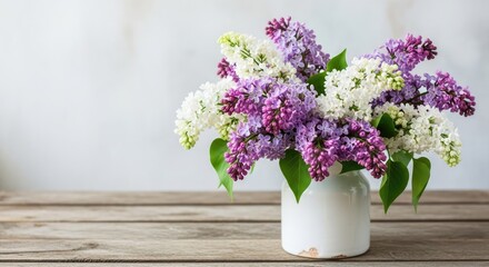 Fototapeta premium A beautiful bunch of lilacs sits in a white ceramic vase on a rustic wooden table. The flowers are a mix of white and purple hues, creating a delicate and charming arrangement.