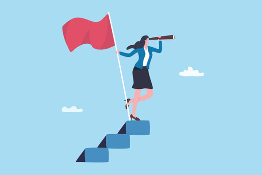 Leadership vision to see future opportunity, career development success, progress to target planning, motivation or female leadership, businesswoman hold winning flag see through telescope vision.