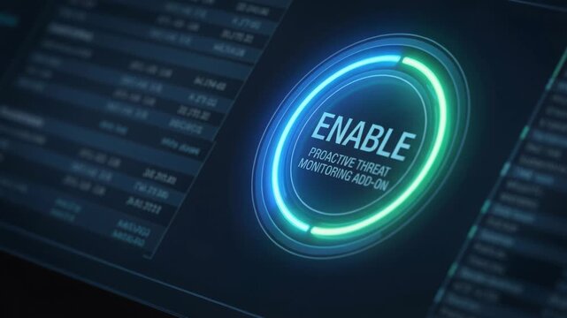 Finger touching glowing cybersecurity touchscreen interface with circular status display, data dashboard, security control and protection monitoring