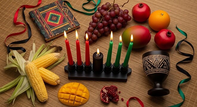 Kwanzaa Celebration Symbols and Traditional Foods Displayed Together.