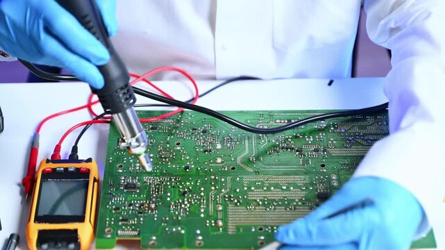 Closeup of expert soldering a green PCB board using precision tools. Ideal for electronics, circuit repair, engineering, tech