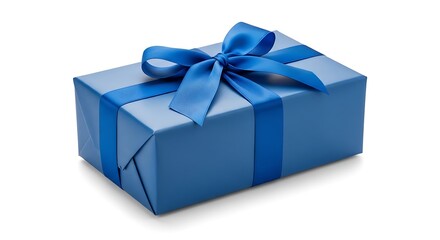 Obraz premium Close-up of a blue wrapped gift box tied with a satin ribbon, on a white background