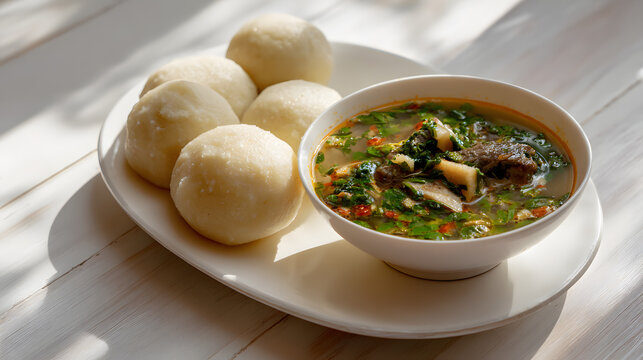 A round plate of Fufu with fish broth on a blurred background. Illustration of traditional Nigerian food background.