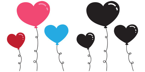 Heart Shaped Balloon Icon Set Vector &ndash; Romantic Love Symbol in Outline, Solid and Flat Styles for Valentine&rsquo;s
 Day and Wedding Celebration
