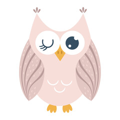 Fototapeta premium Cartoon Pink Owl Illustration. Kawaii Woodland Character Clipart. Cute Night Bird, Kids Hand Drawn Vector Design.