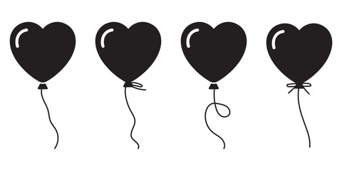 Heart Shaped Balloon Icon Set Vector &ndash; Romantic Love Symbol in Outline, Solid and Flat Styles for Valentine&rsquo;s
 Day and Wedding Celebration