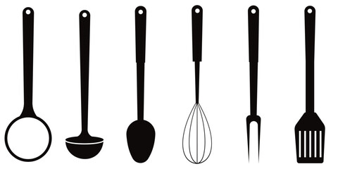 Kitchen Utensil Set Vector Illustration &ndash; Fork, Spoon, Spatula, Whisk and Ladle Cooking 
Tools Collection