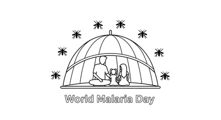 Family protected by mosquito net from malaria, World Malaria Day concept