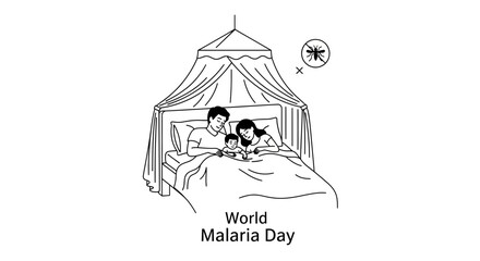 Family Protected by Mosquito Net in Bed, World Malaria Day Concept