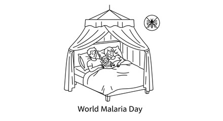 Family in bed with mosquito net, World Malaria Day concept