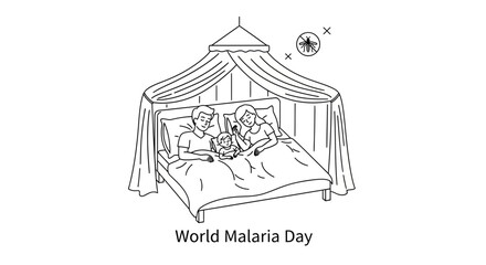 Family Sleeping Under Mosquito Net, World Malaria Day Concept