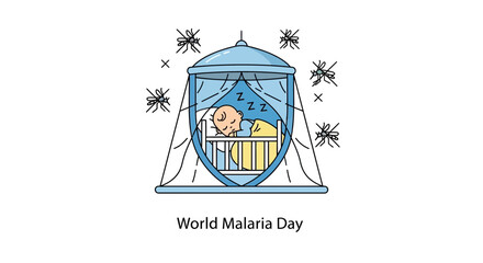 Sleeping baby protected in mosquito net from buzzing insects