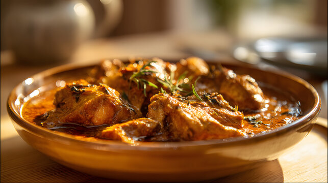 Traditional Ivorian Kedjenou chicken stew on a blurred wooden table background. Illustration of traditional Ivorian food background.