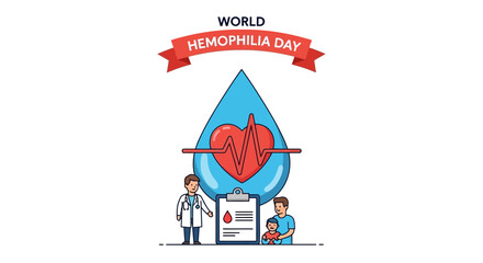 World Hemophilia Day Awareness Concept: Doctor, Father, Child, Blood Drop, Heartbeat