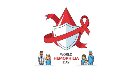 World Hemophilia Day Awareness Concept with Blood Drop, Shield, Ribbon and Medical Staff