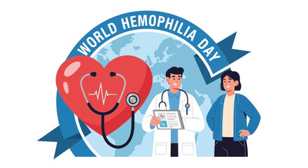 World Hemophilia Day Awareness: Doctor, Patient, Heart, Stethoscope, Globe