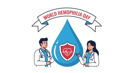 World Hemophilia Day Awareness: Doctors, Blood Drop, Heartbeat Shield