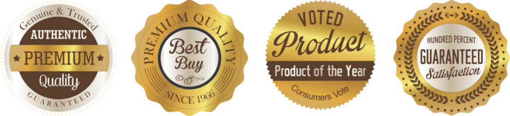 Obraz premium Four gold and brown award badges on a white background