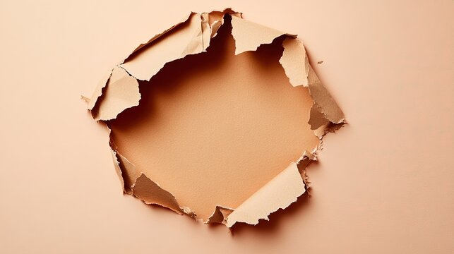 A rustic, burnt-edge style ripped paper hole in rust brown on a pale peach background. This earthy and vintage design is great for craft, autumn, or historical themes.