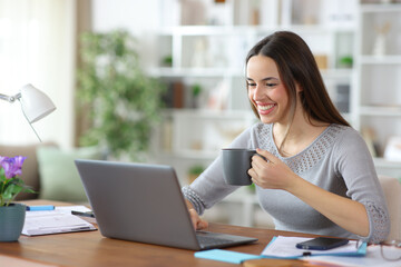Fototapeta premium Happy tele worker drinking coffee working online