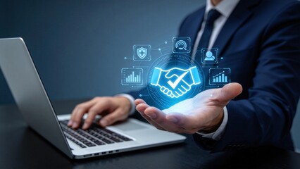 Fototapeta premium Business partnership agreement and digital trust concept with handshake icon,corporate collaboration,secure transaction and strategic alliance management visualization