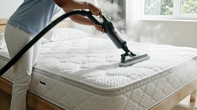 Woman steaming and sanitizing a mattress with a handheld steam cleaner in a bedroom