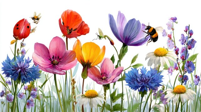 Colorful flower meadow illustration against white background for design