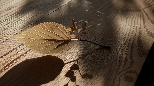 Wooden 3D stage with organic podium concept. Close up of dried leaf casting shadow on textured wooden surface in natural light