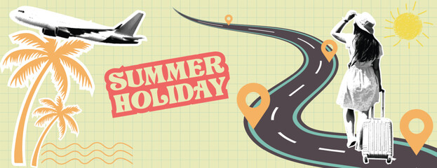 Retro vintage pop art collage summer holiday Travel and summer vacation banner for social media cover header, holiday road trip with an airplane and a woman with luggage on a winding road illustration © Nusrat