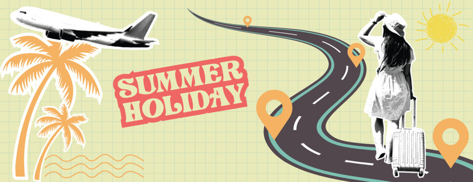 Retro vintage pop art collage summer holiday Travel and summer vacation banner for social media cover header, holiday road trip with an airplane and a woman with luggage on a winding road illustration